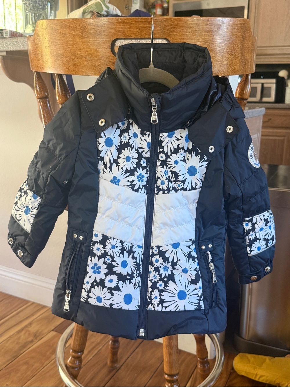 Girls'  Black & White Floral Quilted Puffer Ski Jacket by Poivre Blanc